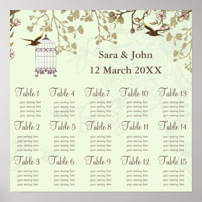 floral green bird cage, love birds  Seating Chart (Front)
