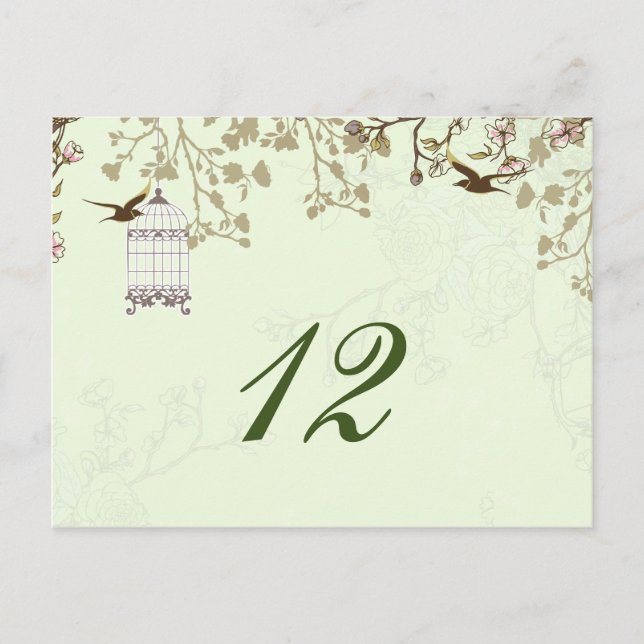 floral green bird cage, love birds table numbers postcard (Front)