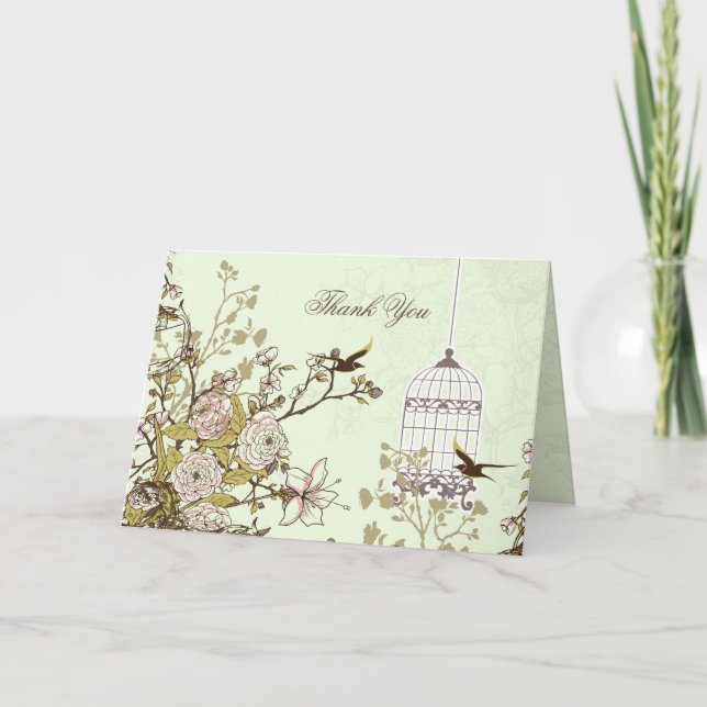 floral green bird cage, love birds Thank You (Front)