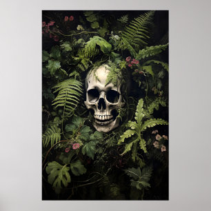 Floral Green Fern Skull Portrait Print, Dark Poster