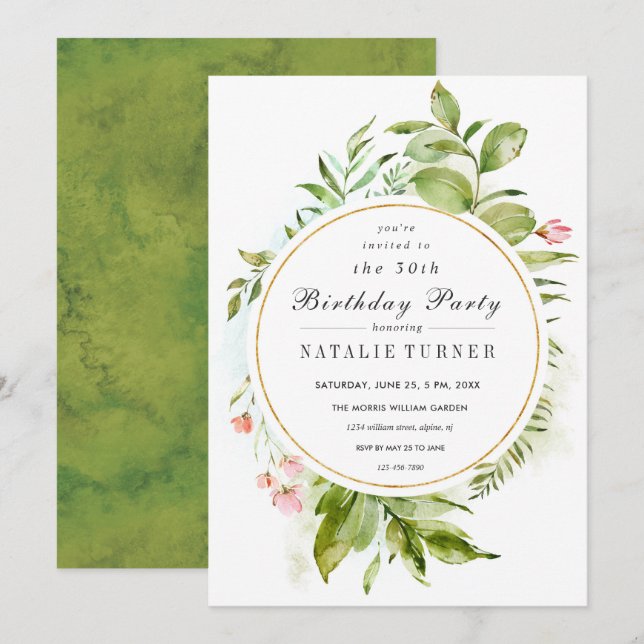 Floral Green Foliage Anniversaire Fête Invitation (Devant / Derrière)