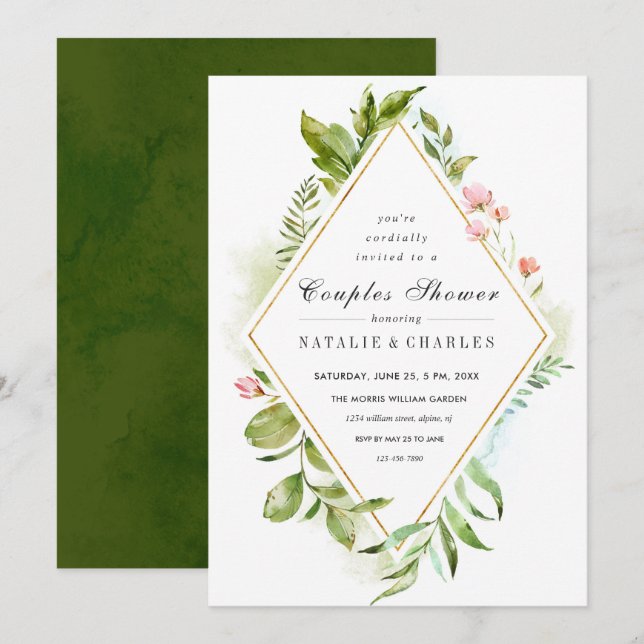 Floral Green Foliage Couples Douche Invitation (Devant / Derrière)