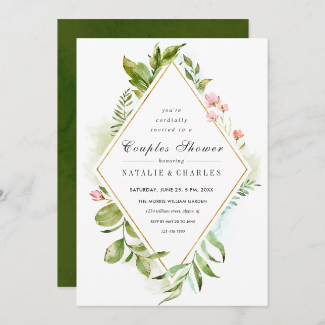 Floral Green Foliage Couples Shower Invitation (Front/Back)