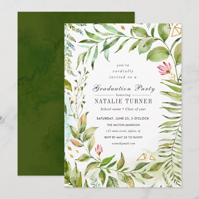 Floral Green Foliage Graduation Party Invitation (Front/Back)