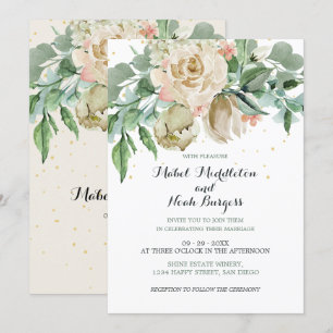Floral Green Foliage Neutral Colour Elegant Rose Invitation