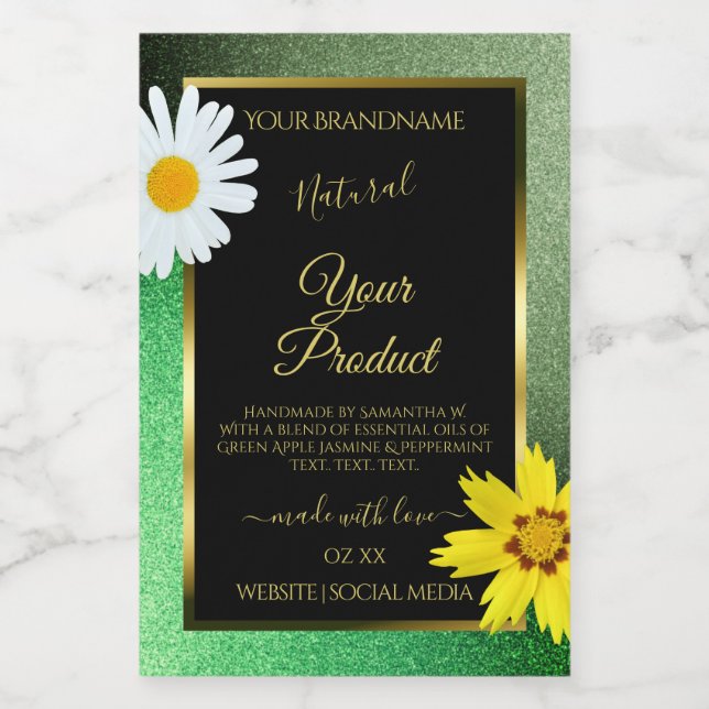 Floral Green Glitter Black and Gold Product Labels (Single Label)