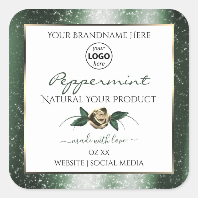 Floral Green Gold Frame White Product Labels Logo (Front)