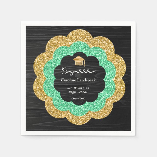 Floral Green Gold Graduation Party Napkin (Front)