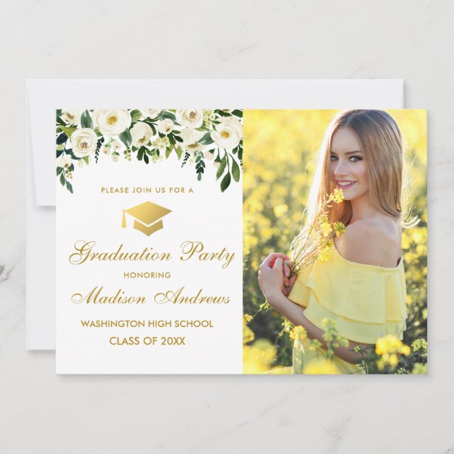 Floral Green Gold Photo Graduation Party Invite (Front)