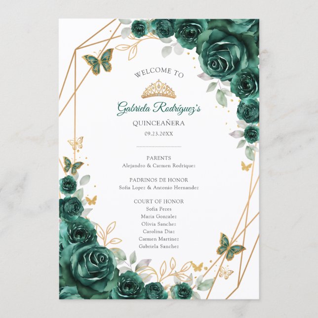 Floral Green Gold Quinceanera Order of Events Program (Front)