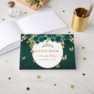 Floral Green Gold Tiara Butterfly Guest Book