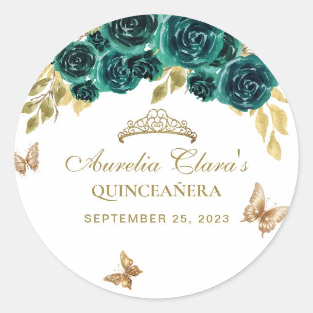 Floral Green Gold Tiara Butterfly Quinceañera Classic Round Sticker (Front)