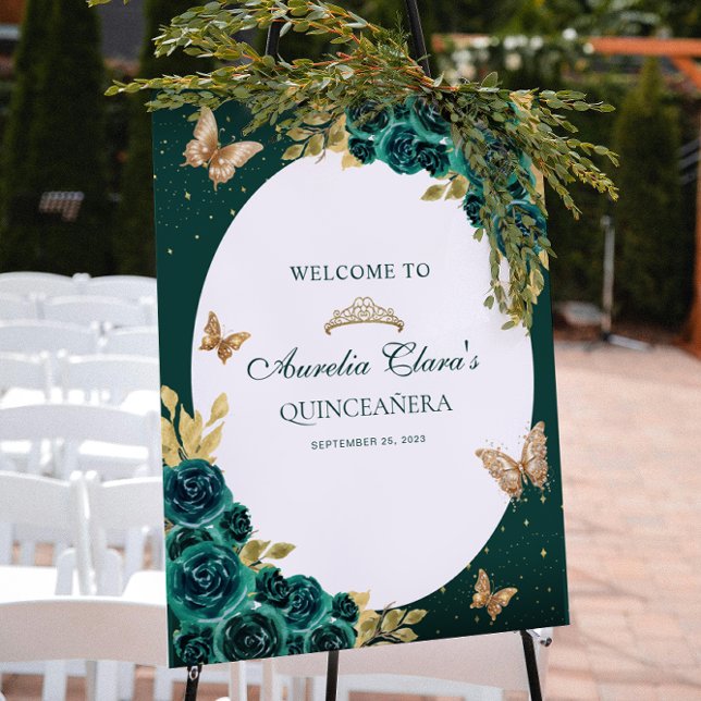 Floral Green Gold Tiara Butterfly Quinceañera Poster (Creator Uploaded)