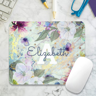 Floral green gold watercolor monogram name vintage mouse pad