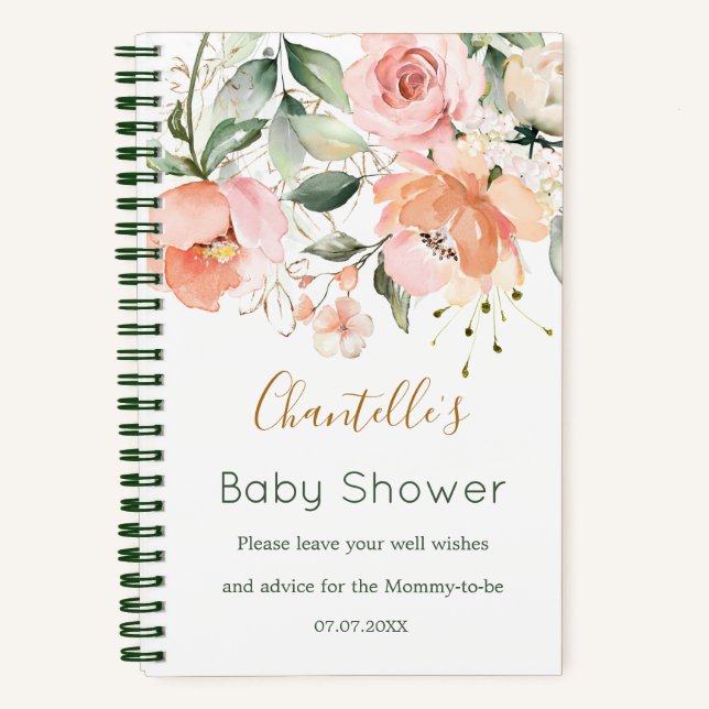 Floral, green leaves Baby Shower Spiral Notebook (Front)