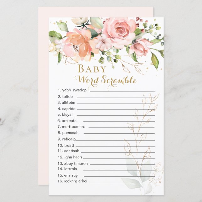 Floral Green Leaves Baby Word Scramble Paper Sheet (Front/Back)