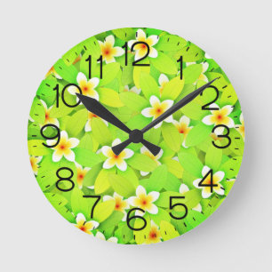 Floral Green Leaves Yellow Flowers Pattern Round Clock