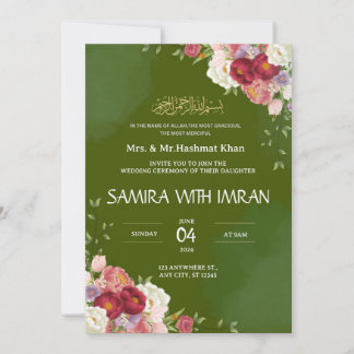 Floral Green Muslim Wedding Invitation