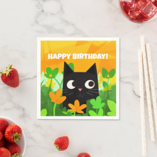 Floral Green Orange Black Cat Birthday Napkin