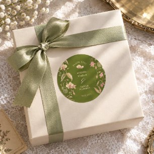 Floral Green & Pink Flower Vine Wedding Classic Round Sticker