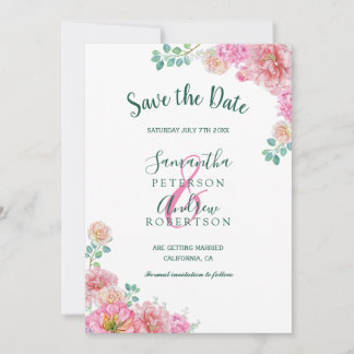 Floral Green & Pink Watercolor save the date Invitation