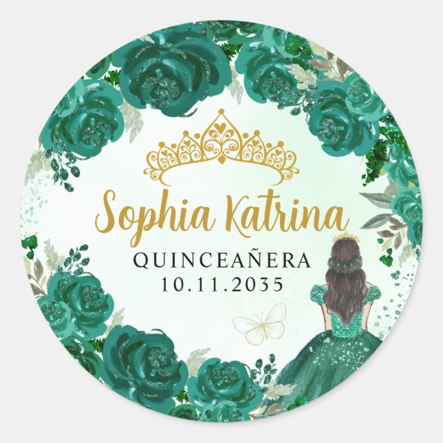 Floral Green Princess Quinceanera Birthday Favour Classic Round Sticker (Front)