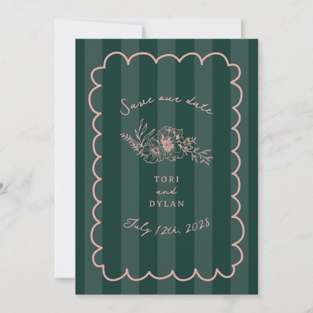Floral Green Stripe Botanical Save The Date (Front)