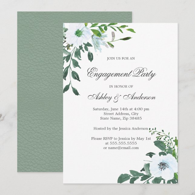 Floral Green Summer Engagement Party Invitation (Devant / Derrière)