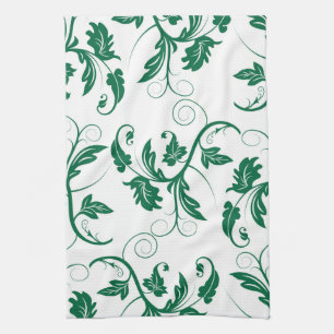 Floral Green Swirl Vine Pattern Kitchen Towel