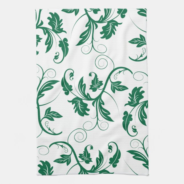 Floral Green Swirl Vine Pattern Kitchen Towel (Vertical)