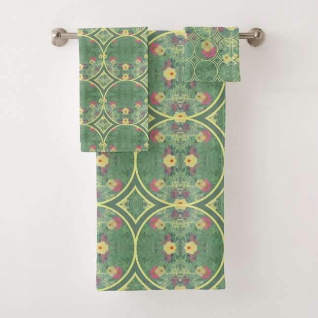 Floral Green Tile Bath Towel Set (Insitu)
