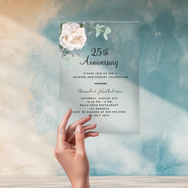Floral greenery 25th wedding anniversary clear acrylic invitations (Creator Uploaded)