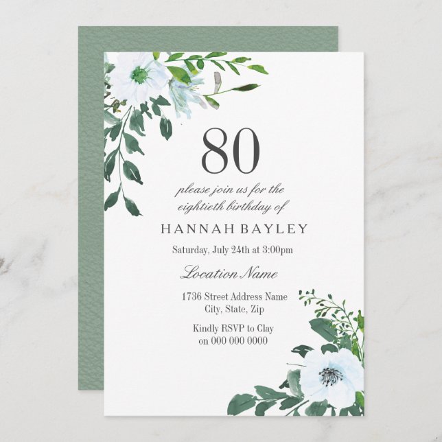 Floral Greenery 80th Birthday Party Invitation (Front/Back)