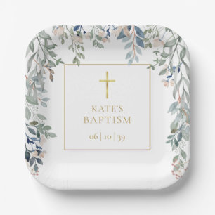 Floral Greenery Baptism Christening Paper Plate