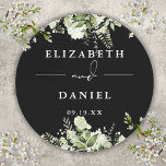 Floral Greenery Black And White Wedding Favour Classic Round Sticker<br><div class="desc">Elegant black and white floral greenery sticker personalized with your names and special date. Designed by Thisisnotme©</div>