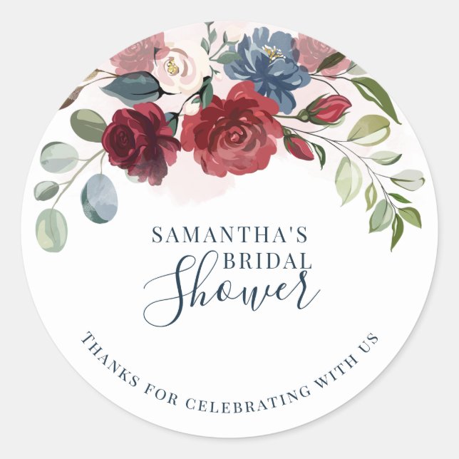 Floral Greenery Burgundy Bridal Shower Classic Round Sticker (Front)
