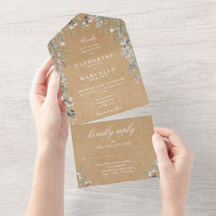 Floral Greenery Cascade Rustic Kraft Wedding All In One Invitation