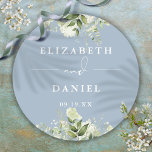 Floral Greenery Dusty Blue Wedding Favour Classic Round Sticker<br><div class="desc">Elegant dusty blue floral greenery sticker personalized with your names and special date. Designed by Thisisnotme©</div>