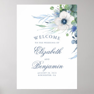 Floral Greenery Dusty Blue Wedding Welcome Sign