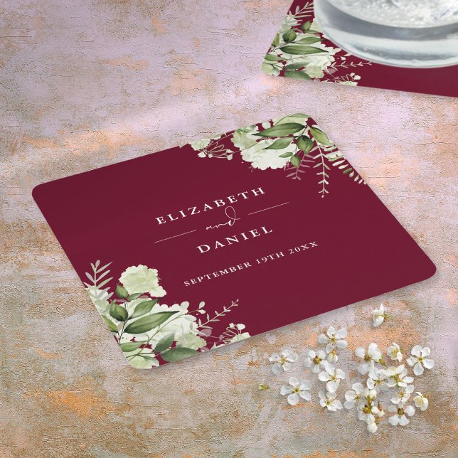 Floral Greenery Elegant Burgundy Wedding Square Paper Coaster (Floral Greenery Elegant Burgundy Wedding Square Paper Coaster)