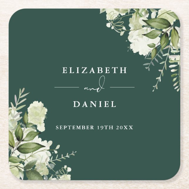 Floral Greenery Elegant Emerald Wedding Square Paper Coaster (Front)