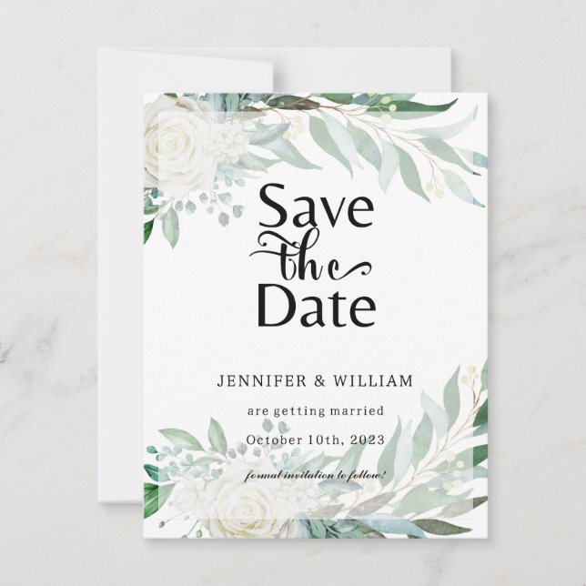 Floral Greenery Elegant Save The Date Card (Front)