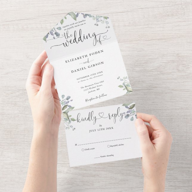 Floral Greenery Elegant Script Hearts Wedding All In One Invitation (Tearaway)
