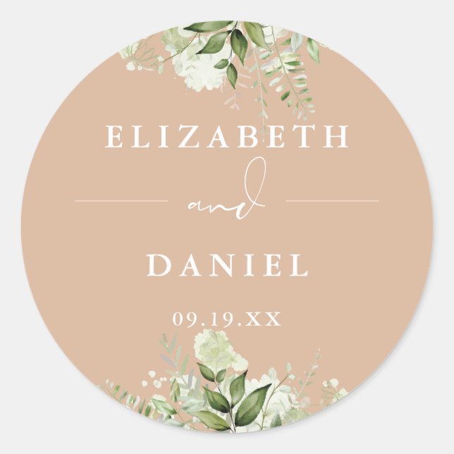 Floral Greenery Elegant Tan Wedding Favour Classic Round Sticker (Front)