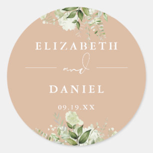Floral Greenery Elegant Tan Wedding Favour Classic Round Sticker