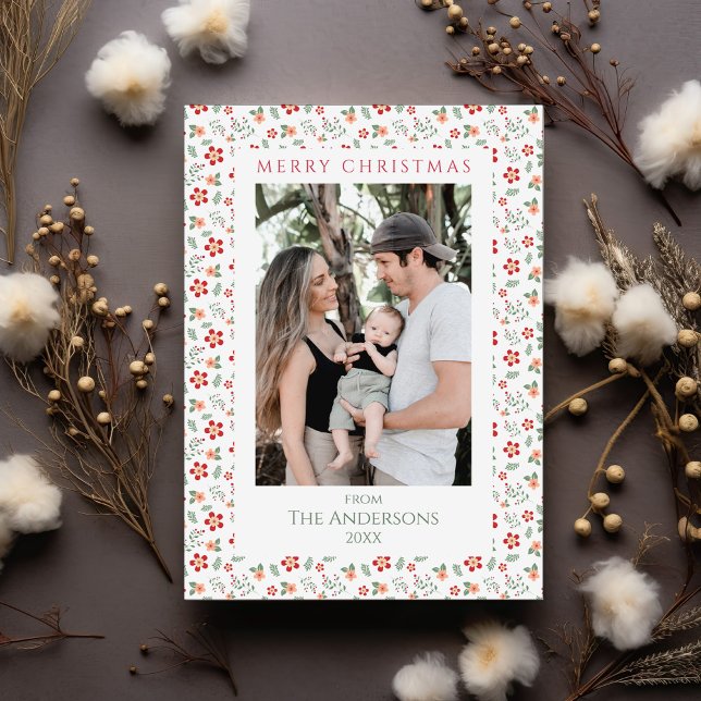 Floral Greenery Elegant Two Photo Christmas Holiday Card (Creator Uploaded)