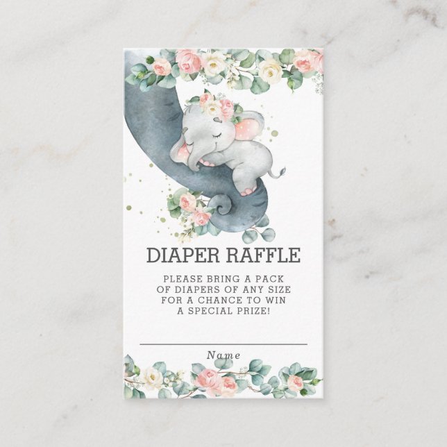 Floral Greenery Elephant Baby Shower Diaper Raffle Enclosure Card (Front)