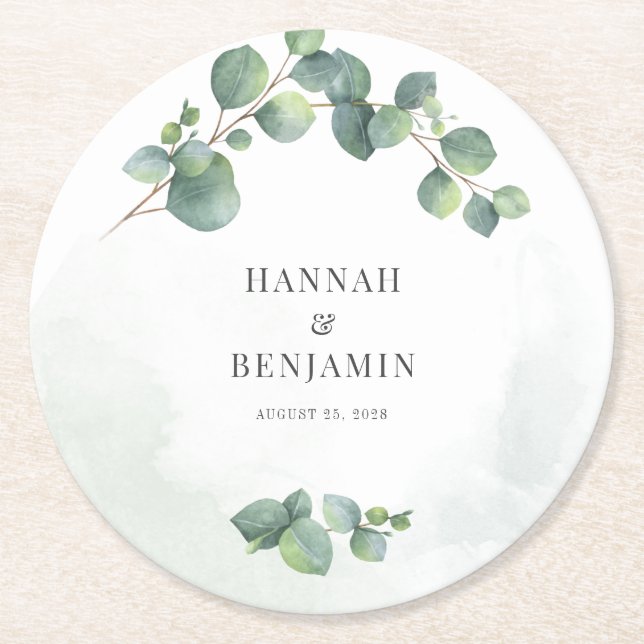 Floral Greenery Eucalyptus Wedding Round Paper Coaster (Front)