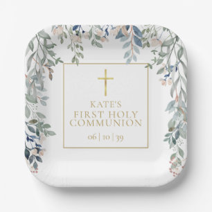 Floral Greenery First Holy Communion Paper Plate