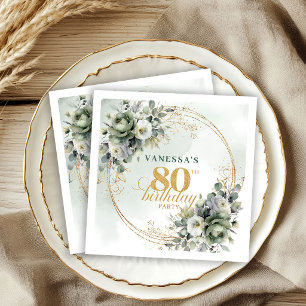 Floral Greenery Gold 80th Birthday Party Napkins